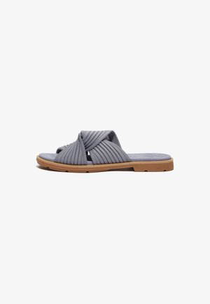 Gray woven slide sandals with a ribbed fabric upper, open toe design, and textured rubber sole. Accent color on the sole is tan.