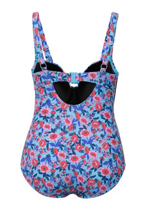 Květinové jednodílné plavky s modrým pozadím, zdobené růžovými a červenými květy. Mají nastavitelné ramínka a vystřižený detail na zadní straně.