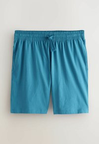 Blue elastic waist shorts with drawstring and side pockets, laid flat on a light background.