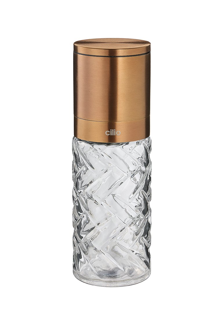 Klarer Glas-Salz- oder Pfeffermühle mit einem strukturierten Diamantmuster; oben mit einem metallisch bronzefarbenen Deckel. Cilio-Branding auf dem Gehäuse.