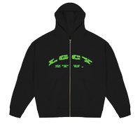 Black zip-up hoodie featuring a hood, front pockets, and vibrant green text with star patterns reading "LGGCY S.T.U." across the chest.