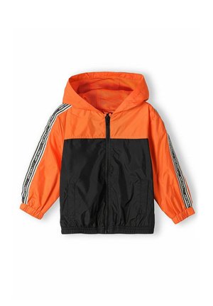 Kapuzenschnellverschlussjacke mit orangefarbenem oberen und schwarzem unteren Abschnitt. Mit elastischen Bündchen, Seitentaschen und kontrastierenden gestreiften Akzenten.