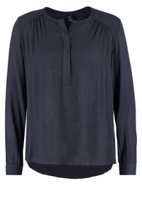 Blouse à manches longues en bleu marine foncé, réalisée en tissu lisse. Elle présente un col henley boutonné et des détails froncés aux épaules.