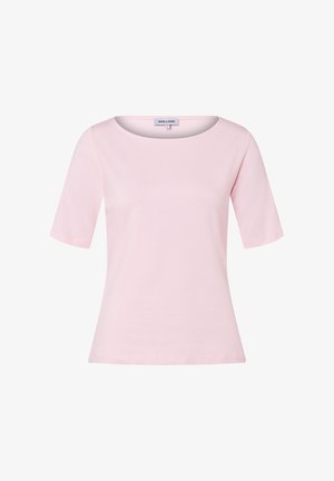 Pastellrosa Damenoberteil mit kurzen Ärmeln, Rundhalsausschnitt und leicht taillierter Passform, präsentiert vor weißem Hintergrund.