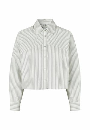 Valge ja halli vertikaalse triibuga kerge halli kangaga lühendatud nööpidega särk. Omadusteks on terava kraega, pikad varrukad ja puhas disain.