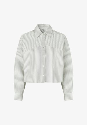 Cropped button-up shirt in light gray fabric with vertical white and gray stripes. Features a pointed collar, long sleeves, and a clean design.