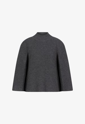 Donkergrijze ribgebreide sweater met een hoge hals en brede mouwen, voorzien van een gestructureerd breipatroon en een ontspannen pasvorm.