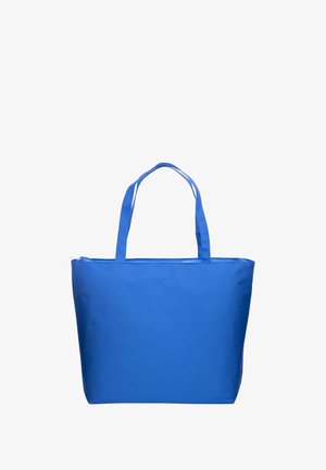 Blaue Stofftragetasche mit zwei Schulterriemen, rechteckiger Form, glatter Textur und einem Reißverschluss entlang der oberen Kante.