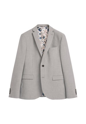 Svetlo sivi blazer s teksturirano tkanino, zapenjanjem z enim gumbom in dvema sprednjima žepoma. Podložen s cvetličnim vzorcem v modri in krem barvi.
