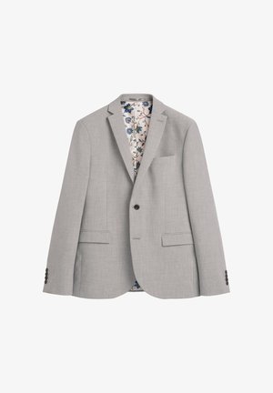 Svetlo sivi blazer s teksturirano tkanino, zapenjanjem z enim gumbom in dvema sprednjima žepoma. Podložen s cvetličnim vzorcem v modri in krem barvi.