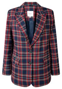 Blazer à carreaux rouge, bleu marine et blanc avec revers crantés, deux boutons devant et poches à rabat, doublé en tissu bleu marine foncé.