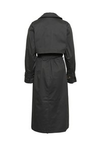 Cappotto trench lungo nero realizzato in tessuto liscio, con vita regolabile da cintura, ampia collare e bottoni decorativi sulle maniche. Vista da dietro.