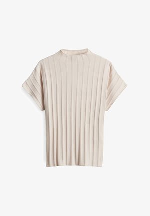 Beige Kurzarmoberteil aus Rippstoff mit hohem Ausschnitt und vertikalen Linien für Struktur und Designdetails.