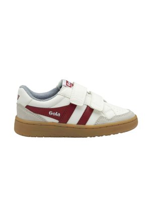 Zapatilla Gola blanca y roja con detalles en ante beige, dos tiras de velcro, forro interior gris y suela de goma color natural.