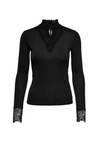 Top lungo nero a maniche lunghe con texture a coste, colletto alto, dettagli in pizzo ai polsini e al collo, e chiusura a zip sul retro.