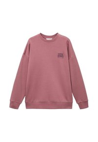 Rosa Baumwoll-Sweatshirt mit langen Ärmeln, gerippten Bündchen und Rundhalskragen. Mit "COFFEE CORNER" in dunkler Schrift auf der Brust bedruckt.