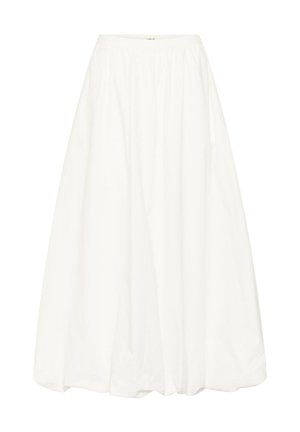 Falda larga blanca en línea A con cintura recogida y tela fluida que se extiende hasta el suelo, mostrada sobre un fondo liso.