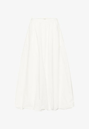 Falda larga blanca en línea A con cintura recogida y tela fluida que se extiende hasta el suelo, mostrada sobre un fondo liso.