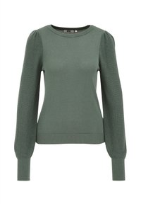 Grön stickad tröja med långa, pösiga ärmar och rund halsringning. Har en texturerad stickad kropp samt ribbade ärmar och nederkant.