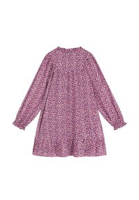 Vestido morado con mangas largas abullonadas, escote recogido y falda acampanada con un estampado floral en tonos rosa y crema. Tejido suave y ligero.