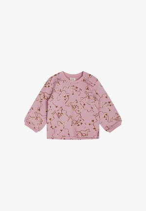 Sudadera lila de manga larga, con un patrón de dibujo en línea marrón. Cuello redondo con botones a presión y puños acanalados para mayor comodidad.