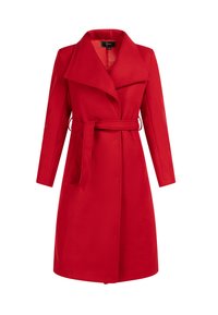 Rød uldblanding trenchcoat med klapkrave, lange ærmer og et matchende bælte i taljen. Har knaplukning og ensfarvet design.
