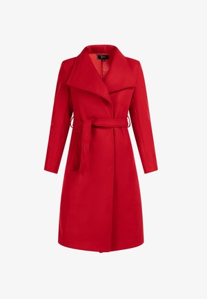 Czerwony płaszcz trench z mieszanki wełny z kołnierzem typu notch, długimi rękawami i dopasowanym paskiem w talii. Posiada zapięcie na guziki i jednolity kolor.