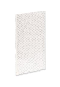 Tissu en coton léger et blanc avec un motif répété de petits cercles et de chiffres discrets. Les bords sont doucement festonnés.
