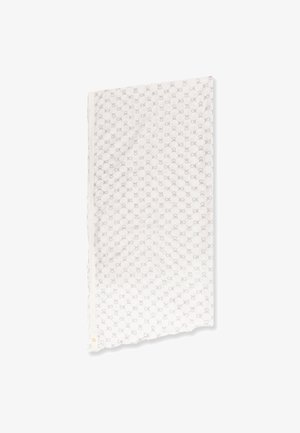 Leichtes, weißes Baumwollgewebe mit einem wiederholten Muster kleiner Kreise und subtilen Zahlen. Die Kanten sind sanft gewellt.