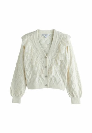 Cremefarbener Strickcardigan mit Diamantmuster, Spitzenrüschen-Details vorne und an den Schultern, langen Puffärmeln und kristallähnlichen Knöpfen.