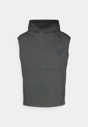 Grauer ärmelloser Kapuzenpullover mit einer Fronttasche, versehen mit einem strukturierten Stier-Graphic auf der Brust und einer verstellbaren Kapuze.