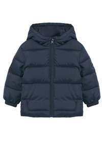 Námořnická modrá zateplená dětská bunda s kapucí, předním zipem, dvěma předními kapsami a pružnými manžetami.