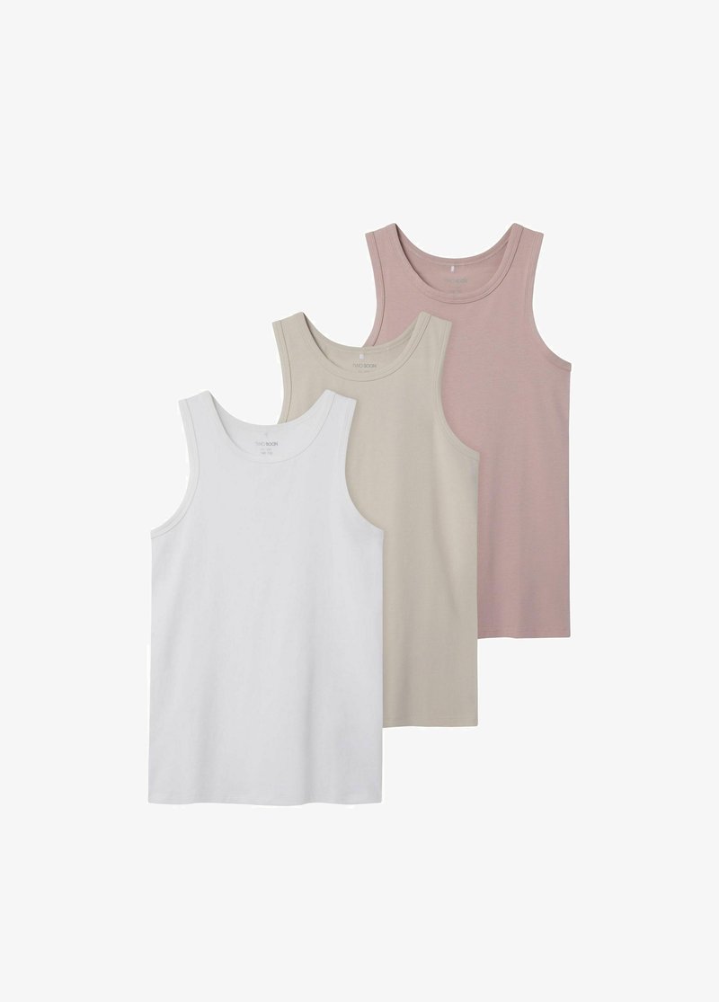 Drei Tanktops in Weiß, Beige und Hellrosa. Jedes hat einen runden Ausschnitt und ein ärmelloses Design, hergestellt aus weichem Baumwollgewebe.