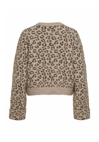Pull à manches longues imprimé léopard marron et beige avec poignets et ourlet côtelés, montré de dos sur fond blanc.
