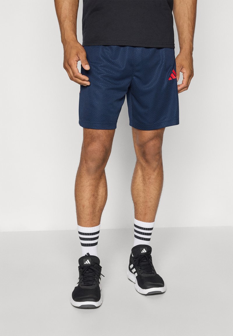 Marineblauwe sportshorts van een structuurstof met een elastische tailleband, voorzien van een rood logo op het linkerbeen, gecombineerd met zwarte sneakers en gestreepte sokken.