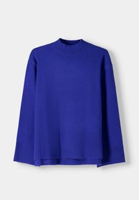Dark blue pullover with a ribbed crew neck, dropped shoulders, and ribbed hem. Soft texture with a relaxed fit and straight silhouette.