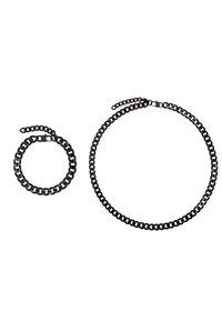 Collana in catena nera in metallo e bracciale abbinato, caratterizzati da un design a maglie spesse con una superficie liscia, entrambi sicuri con una chiusura.
