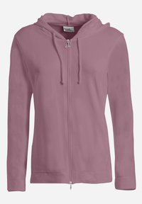 Rosa zip-hoodie med dragsko i huva, långa ärmar, slät textur och framsida med dragkedja. Har en avslappnad design som passar för lager-på-lager.