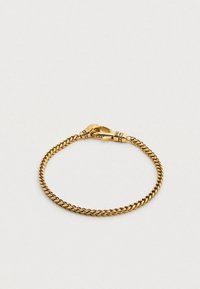 Βραχιόλι με χρυσή αλυσίδα σε στριφτό σχέδιο, με κούμπωμα τύπου αστακός και μικρές διακοσμητικές λεπτομέρειες  κοντά στο κούμπωμα. Λείο μεταλλικό υφής.