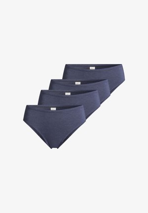 Vier Paar dunkelblaue Baumwollslips für Damen, diagonal gestapelt, jeweils mit einem kleinen weißen Größenetikett in der Mitte des Bunds.