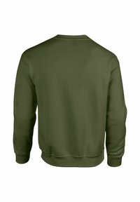 Felpa verde oliva, girocollo, maniche lunghe, polsini e orlo a costine, texture morbida, colore uniforme, senza motivi o dettagli visibili.