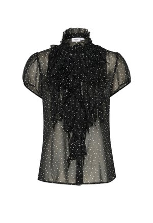 Schwarze durchsichtige Bluse mit weißen Punkten, gerafftem Kragen und Vorderseite, kurzen Ärmeln und Knopfdetail in der Mitte.