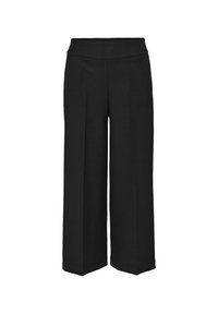 Pantalon noir à jambes larges en tissu texturé, doté d'une taille haute élastique et sans fermetures ni poches visibles.