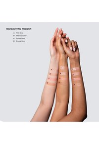 Highlighters getest op drie armen: tinten A (Roze Gloed), B (Middag Gloed), C (Zonsondergang Gloed), D (Bronzen Gloed). Zachte textuur, glanzende afwerking.