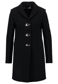 Svart skräddarsydd kvinnokappa med slagkrage och tre silverfärgade knappar formade som planeter, två sidofickor, från Love Moschino.