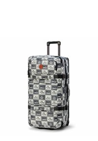 Soft-shell luggage with a repeating black and white graphic pattern, featuring a retractable handle and wheels for mobility. Hexagonal zipper details.