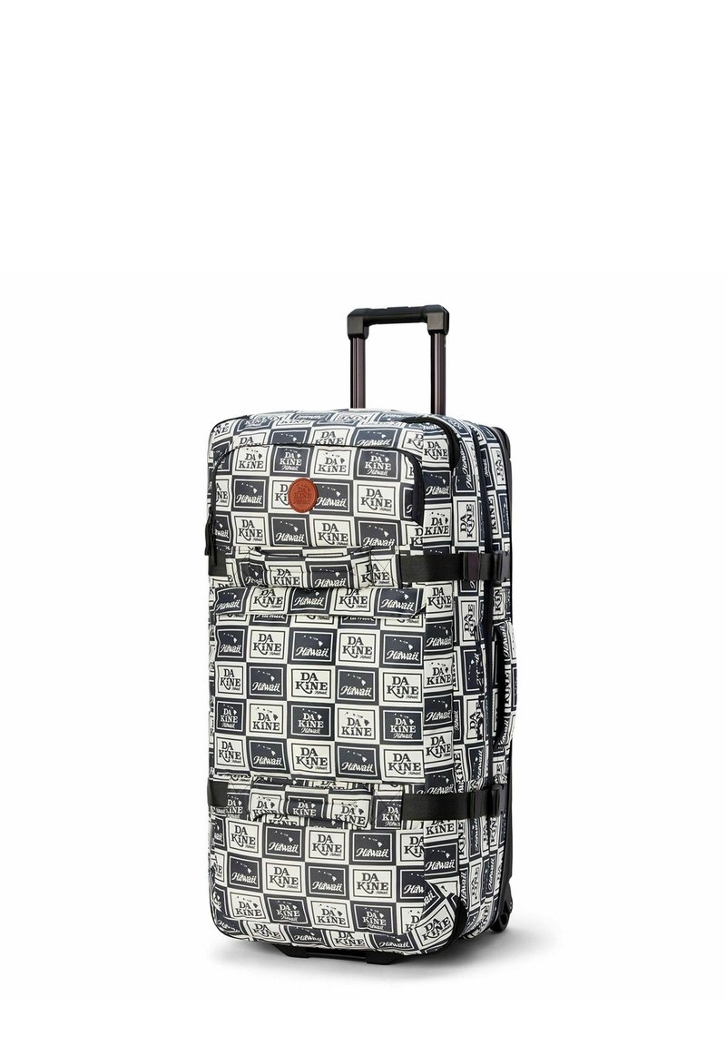 Soft-shell luggage with a repeating black and white graphic pattern, featuring a retractable handle and wheels for mobility. Hexagonal zipper details.