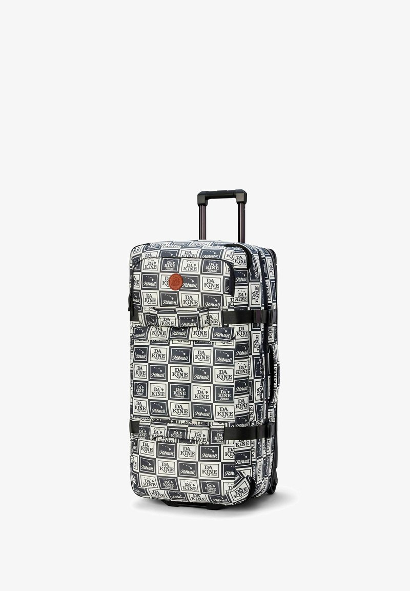 Soft-shell luggage with a repeating black and white graphic pattern, featuring a retractable handle and wheels for mobility. Hexagonal zipper details.