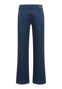 Donkerblauwe denim wijde broek met een hoge taille, voorzien van twee achterzakken en een label op de tailleband. Soepele textuur zonder versieringen.