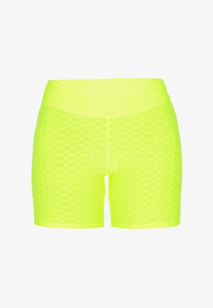 Neon-gelbe Shorts mit Wabenstruktur, featuring einen mittelhohen Bund und eine enganliegende Passform, geeignet für Sportbekleidung.